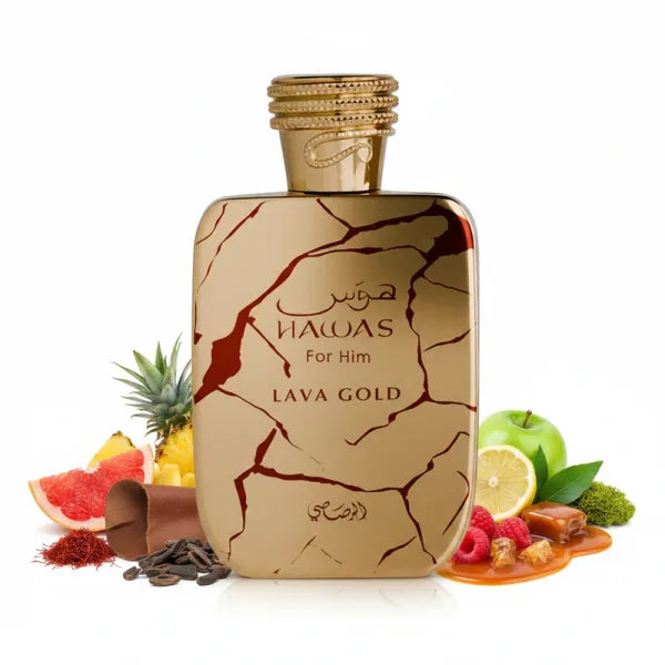 Hawas Lava Gold Rasasi perfume árabe de frambuesa, cuero y azafrán