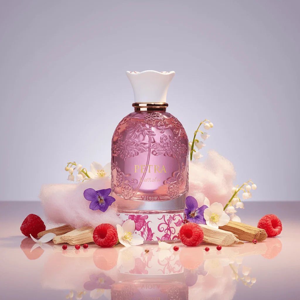 Petra Viola Lattafa notas de frambuesa violeta algodón de azúcar jazmín almizcle sándalo y cedro